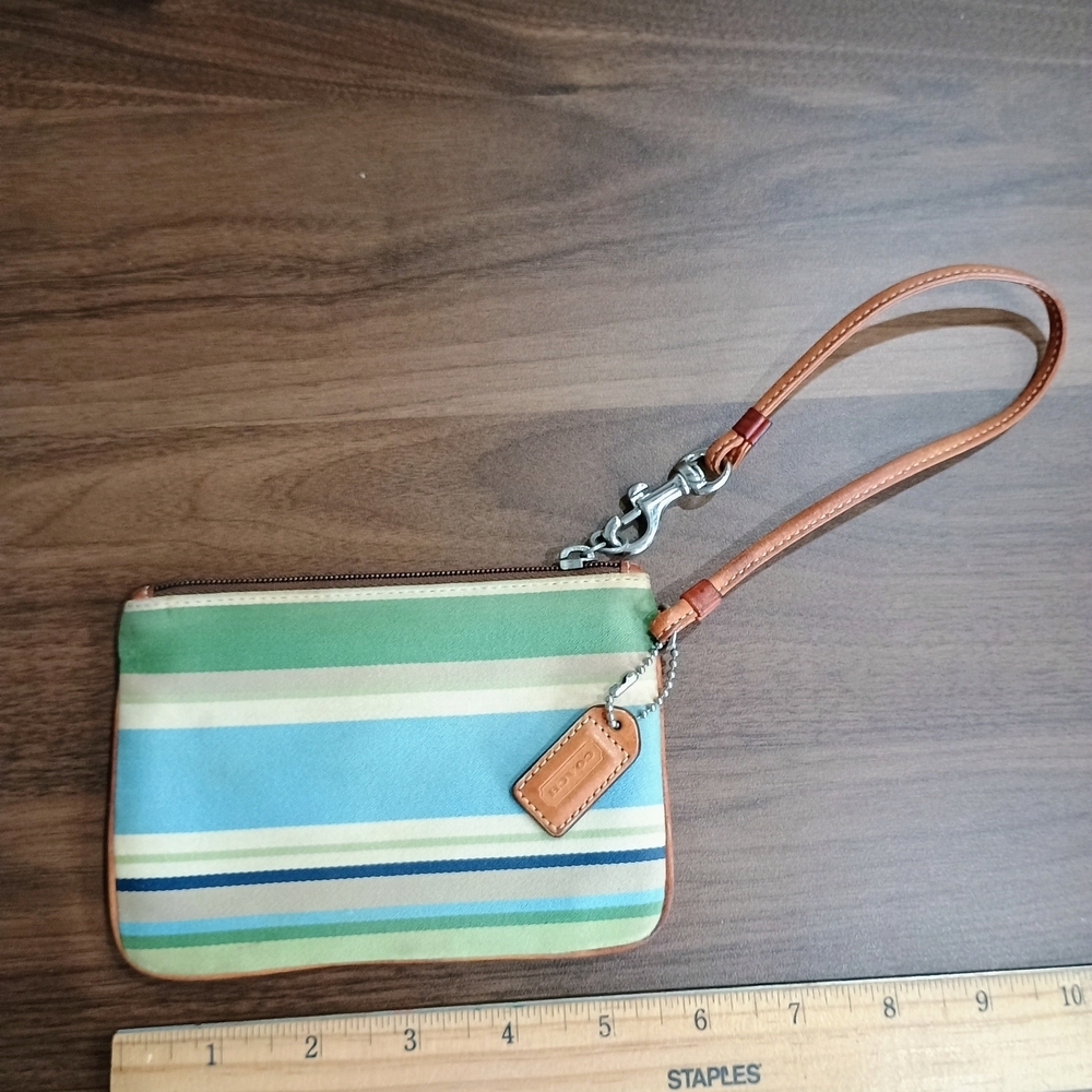 Coach Striped Leather Wristlet - Green and Tan - Picture 3 of 8